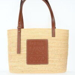 LOEWE Square Basket Bag Raffia Calfskin Pecan Leather Black Handbag k